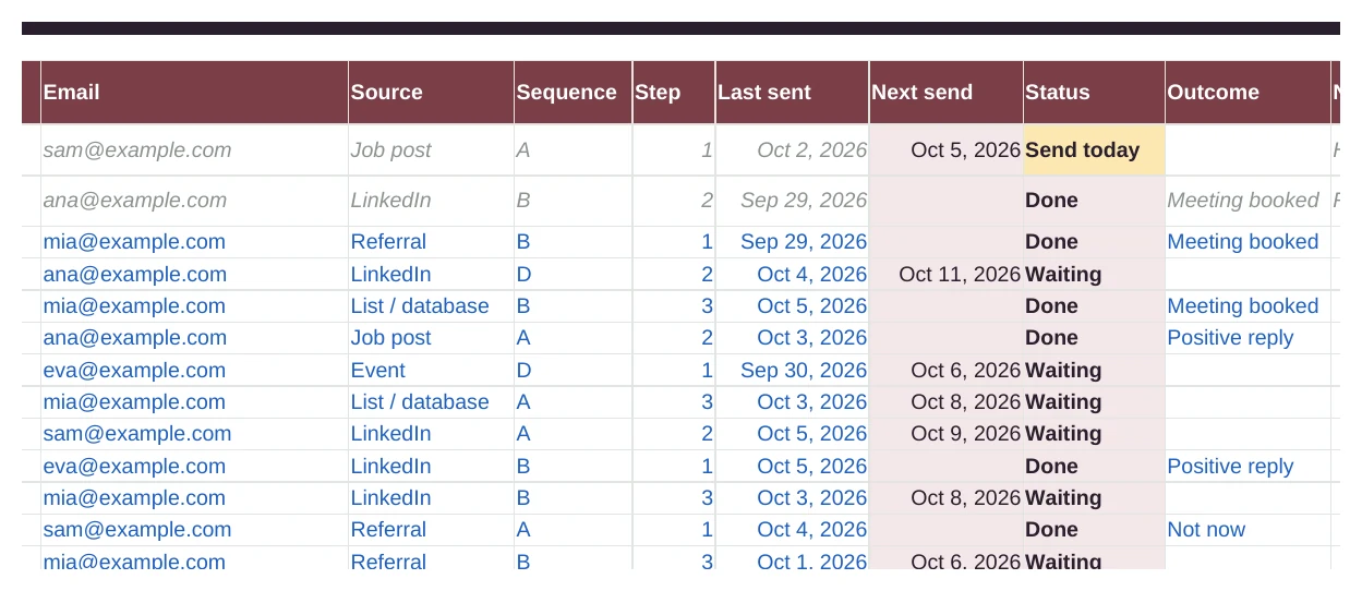 The Lead Tracker tab with send dates, status and outcomes